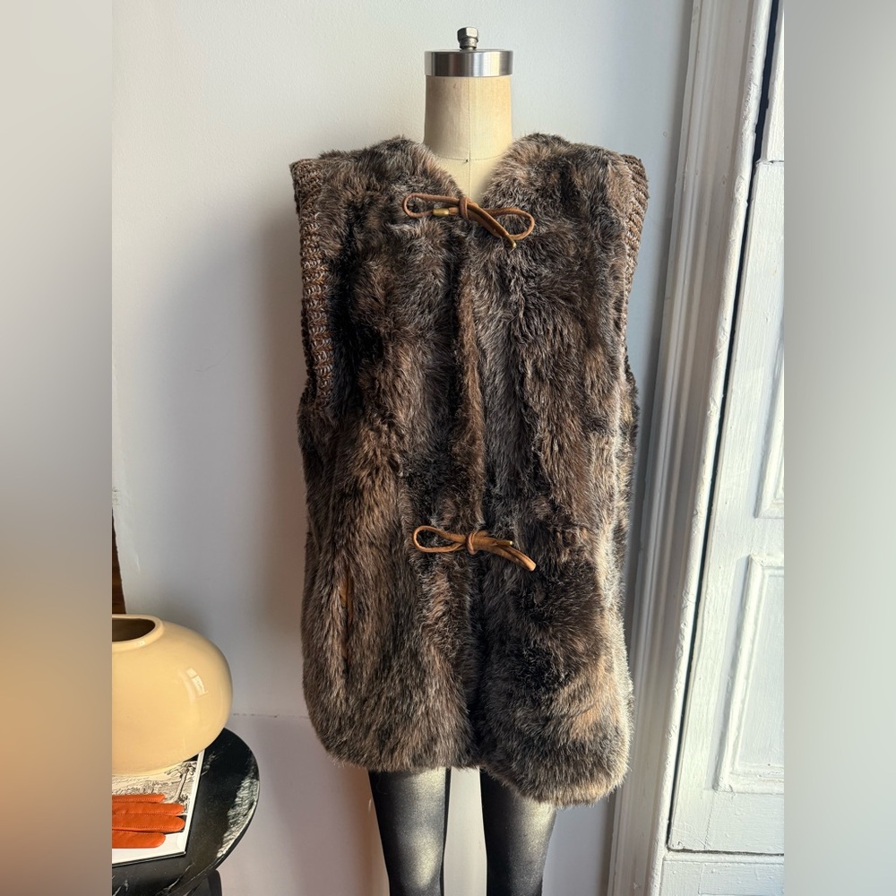 Vintage Brown Faux Fur Vest Leather Tie Front Knit Rib Boho Statement Vest